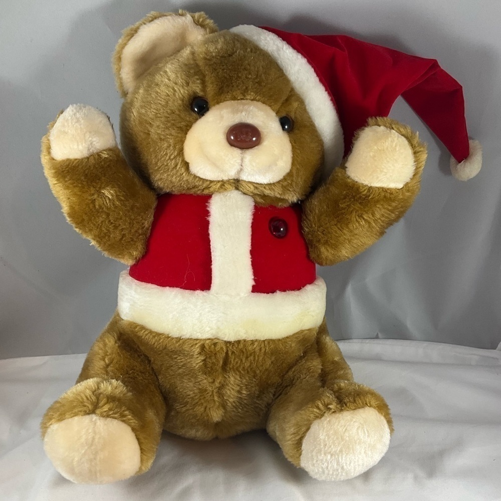 Vintage Christmas Teddy Bear Santa Bear Brown with Red White Outfit Light